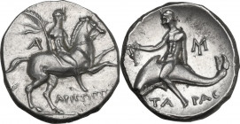 Greek Italy. Southern Apulia, Tarentum. AR Nomos, c. 240-228 BC, Aristippos magistrate. Obv. Nude rider holding filleted palm on horseback right; AP m...