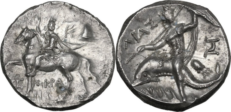 Greek Italy. Southern Apulia, Tarentum. AR Nomos, c. 215-212 BC. Xenokrates magi...