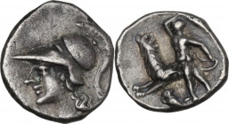 Greek Italy. Southern Apulia, Tarentum. AR Diobol, c. 280-228 BC. Obv. Head of Athena left, wearing Corinthian helmet. Rev. Herakles, preparing to swi...