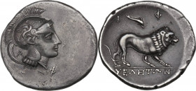 Greek Italy. Northern Lucania, Velia. AR Didrachm, 300-280 BC. Obv. Head of Athena right, wearing Attic helmet decorated with griffin; A-Φ flanking ne...