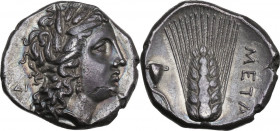 Greek Italy. Southern Lucania, Metapontum. AR Nomos, c. 290-280 BC. Obv. Wreathed head of Demeter right; ΔI to left. Rev. META. Barley ear with leaf t...