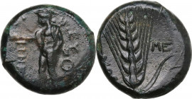 Greek Italy. Southern Lucania, Metapontum. AE Obol, c. 440-430 BC. Obv. Hermes standing left, holding caduceus and sacrificing with phiale above thymi...