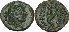Greek Italy. Southern Lucania, Copia. AE Quadrans, c. 193-150 BC. Obv. Head of Herakles right; three pellets to left. Rev. Cornucopiae; three pellets ...