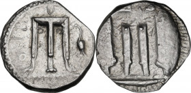 Greek Italy. Bruttium, Kroton. AR Nomos, c. 480-430 BC. Obv. ϘΡΟ. Tripod; to right, mash-bird. Rev. Tripod incuse. HN Italy 2104; SNG ANS 276; Attiane...