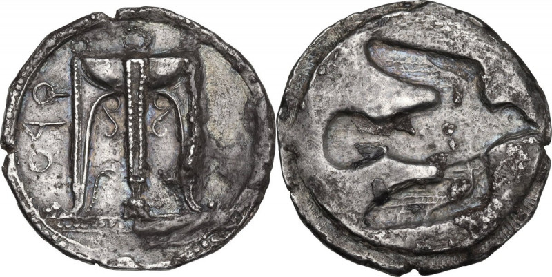 Greek Italy. Bruttium, Kroton. AR Stater, c. 480-430 BC. Obv. ϘPO. Tripod. Rev. ...