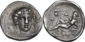 Greek Italy. Bruttium, Kroton. AR Nomos, c. 400-325 BC. Obv. Head of Hera Lakinia facing slightly right, wearing necklace and stephane decorated with ...