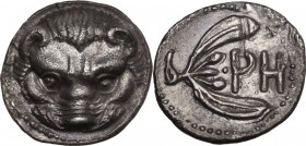 Greek Italy. Bruttium, Rhegion. AR Litra, c. 420-415/410 BC. Obv. Lion-mask. Rev. PH within two-leaved olive spray. HN Italy 2495; SNG ANS 670/674. AR...