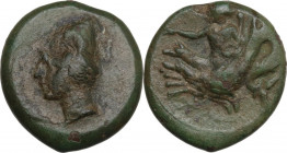 Greek Italy. Bruttium, Scylletium. AE 21 mm, c. 350-325(?) BC. Obv. Beardless male head left, wearing pileus. Rev. Scylla swimming left holding oar, t...