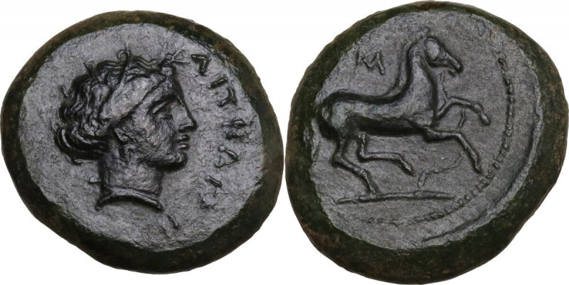 Sicily. Aitna. AE 19.5 mm, c. 355-339 BC. Obv. ΑΙΤΝΑΙΩΝ. Head ofg Persephone rig...