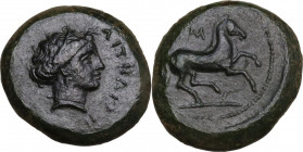 Sicily. Aitna. AE 19.5 mm, c. 355-339 BC. Obv. ΑΙΤΝΑΙΩΝ. Head ofg Persephone right, wearing grain-wreath. Rev. Horse galloping right, loose bridles; a...