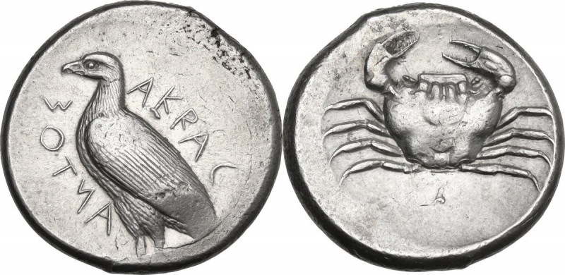 Sicily. Akragas. AR Tetradrachm, c. 460-450/446 BC. Obv. ΑΚRΑC-ΑΝTΟΣ (second hal...