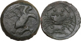 Sicily. Akragas. AE Hemilitron-Hexonkion, c. 420-406 BC. Obv. AK-PA. Eagle standing right on hare, head lowered, wings spread. Rev. Crab; below, crayf...