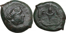 Sicily. Alaisa Archonidea. Timoleon’s Symmachy. AE 33 mm, c. 344-339/8 BC. Obv. ΣIKEL[IA] Head of Sicily right, wearing corn ear wreath. Rev. [ΣΥΜΜΑΧΙ...