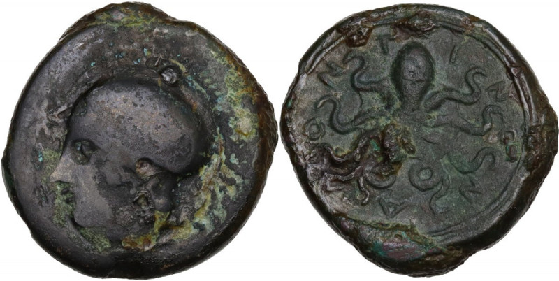 Sicily. Alontion. AE Tetras (?), c. 334-325 BC. Obv. Head of Athena in Chalkidia...