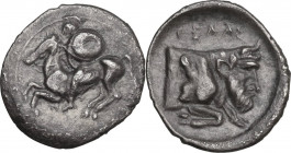 Sicily. Gela. AR Litra, c. 430-425 BC. Obv. Helmeted rider, holding shield and spear, on horseback left. Rev. ΓΕΛΑΣ. Forepart of man-headed bull right...
