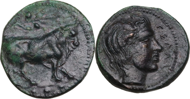 Sicily. Gela. AE Tetras-Trionkion, c. 420-405 BC. Obv. Bull advancing right, hea...