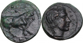 Sicily. Gela. AE Tetras-Trionkion, c. 420-405 BC. Obv. Bull advancing right, head three-quarter facing; above, olive branch; below, three pellets. Rev...