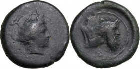 Sicily. Herbessos. AE 28 mm, c. 335-325 BC. Obv. ΗΕΡΒΕΣΣ-ΙΝΩΝ. Laureate head of Sikelia right. Rev. Bearded and horned head of man-faced bull right. H...