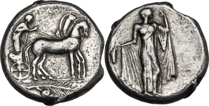 Sicily. Himera. AR Tetradrachm, c. 460 BC. Obv. Traces of legend ΠEΛOΨ. Pelops, ...