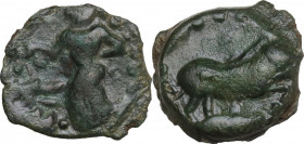 Sicily. Himera. AE Hexas or Dionkion, c. 420-409/8 BC. Obv. Nymph (Himera?) standing left; before, hound's head; two pellets acrss fields. Rev. Boar l...