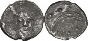 Sicily. Kamarina (?). AR Hemilitron, c. 413-410 BC. Obv. [ΣIKA]. Head of horned river-god facing. Rev. Aphlaston; six pellets [N-I-K-A around]. HGC 2 ...