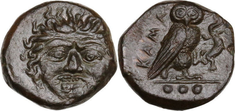 Sicily. Kamarina. AE Tetras or Trionkion, c. 420-410 BC. Obv. Gorgoneion facing,...