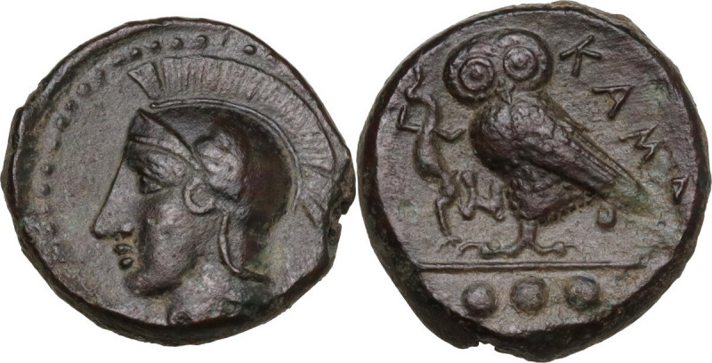 Sicily. Kamarina. AE Tetras-Trionkion, c. 410-405 BC. Obv. Head of Athena left, ...