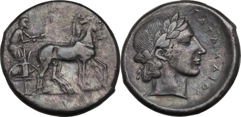 Sicily. Katane. AR Tetradrachm, c. 435-412 BC. Obv. Charioteer, wearing long chi...