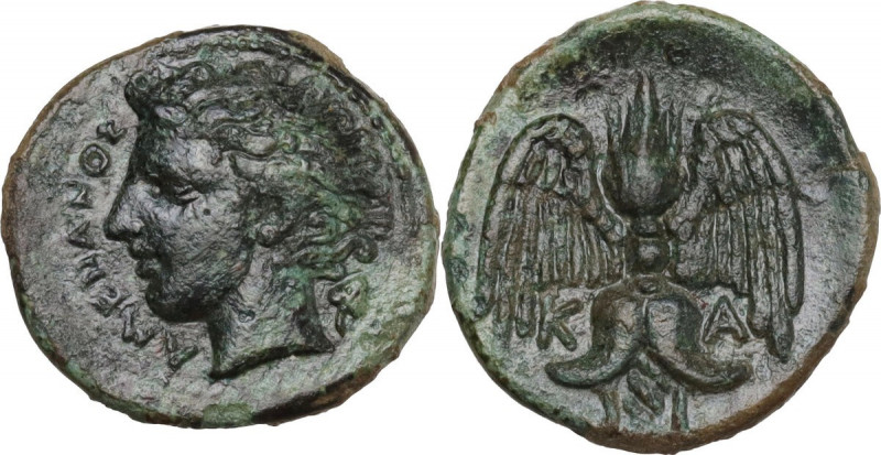 Sicily. Katane. AE Tetras-Trionkion, c. 415/3-404 BC. Obv. ΑΜΕΝΑΝΟΣ. Horned head...
