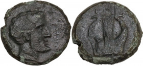 Sicily. Kersinoi. AE Tetras, c. 344-339 BC. Obv. KEPΣINΩN. Bearded male head right; behind, barley grain. Rev. Kithara. HGC 2 -; CNS III 322, 2 (uncer...