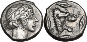 Sicily. Leontini. AR Tetradrachm, c. 455-430 BC. Obv. Laureate head of Apollo right. Rev. LEONTINON. Head of roaring lion right, four barley grains ar...