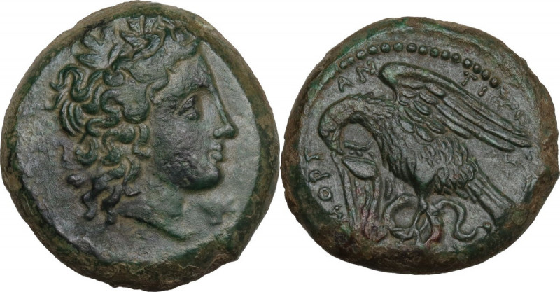 Sicily. Morgantina. AE 21 mm, c. 339/8-317 BC. Obv. Laureate head of Sikelia rig...