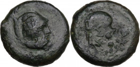 Sicily. Mytistraton. AE Hemilitron, c. 344-336 BC. Obv. Bearded head of Hephaistos right, wearing pileos. Rev. YM and six pellets within laurel wreath...