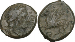 Sicily. Nakona. AE Litra, c. 307-305 BC. Obv. ΚΑΜΠΑΝΟΩΝ. Head of Persephone right, wreathed with grain. Rev. ΝΑΚΩΝΗΣ. Pegasos flying left; below, helm...