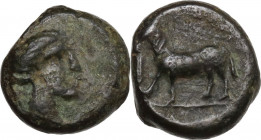 Sicily. Nakona. AE Hexas (?), c. 330-310 BC. Obv. Female head right. Rev. Ram standing left; before, barley grain (?). HGC 2 964; CNS I 7; Campana 6. ...