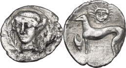 Sicily. Segesta. AR Litra, c. 410-400 BC:. Obv. Head of nymph Segesta three-quarters left, flanked by laurel branches. Rev. Ethnic off flan. Hound sta...