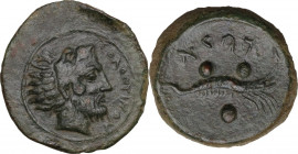 Sicily. Solus. AE Tetras-Trionkion, late fifth-early fourth centuries BC. Obv. Bearded head of Herakles right, wearing lion's skin headdress. Rev. Pun...