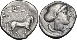 Sicily. Syracuse. Second Democracy, 466-405 BC. AR Tetradrachm, c. 420 BC. Obv. Charioteer driving quadriga right, holding kentron and reins; Nike fly...