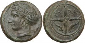 Sicily. Syracuse. Second Democracy (466-405 BC). AE Hemilitron, c. 415-405 BC. Obv. Head of Arethusa left, wearing sphendone and earring; behind, grai...