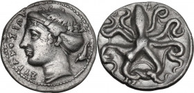 Sicily. Syracuse. Dionysos I (405-367 BC). AR Litra, c. 405-395 BC. Obv. ΣΥΡΑΚΟΣΙΩΝ. Head of Arethusa left, wearing sphendone; behind, dolphin. Rev. O...