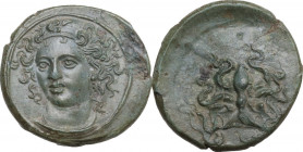 Sicily. Syracuse. Dionysios I (405-367 BC). AE Tetras, c. 405 BC. Obv. Facing head of Arethusa slightly left, wearing necklace. Rev. Octopus. HGC 2 14...