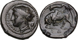 Sicily. Syracuse. Agathokles (317-289 BC). AE 17 mm, c. 317-310 BC. Obv. ΣΥΡΑΚΟΣΙΩΝ. Head of Arethousa left; behind, corn-ear. Rev. Bull butting left;...