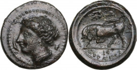 Sicily. Syracuse. Agathokles (317-289 BC). AE 18 mm, c. 317-310 BC. Obv. Head of Arethousa left; before, dolphin; behind, corn-ear. Rev. Bull butting ...