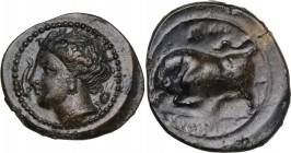 Sicily. Syracuse. Agathokles (317-289 BC). AE 19 mm, c. 317-310 BC. Obv. Head of Arethousa left; before, dolphin; behind, corn-ear. Rev. Bull butting ...