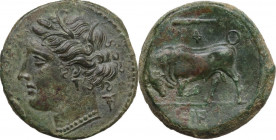 Sicily. Syracuse. Hieron II (274-215 BC). AE 20.5 mm, c. 275-269/265 BC. Obv. ΣΥΡΑΚΟΣΙΩΝ. Head of Persephone left, with grain wreath; behind, bucraniu...