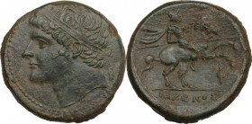 Sicily. Syracuse. Hieron II (274-215 BC). AE 28 mm, c. 240-215 BC. Obv. Diademed head left. Rev. Warrior on horseback right, holding lance; below, to ...