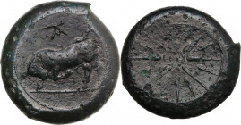 Tauromenion. Mercenaries Campanoi. AE 30 mm. c. 344-336 BC. Obv. Bull butting left; above, TA (in monogram). Rev. Star of sixteen rays. HGC 2 1606; CN...