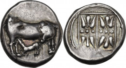 Continental Greece. Corcyra, Corcyra. AR Stater, 433-360 BC. Obv. Cow standing left, head turned right, suckling calf. Rev. Double stellate pattern. H...