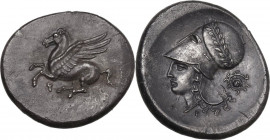 Continental Greece. Corinthia, Corinth. AR Stater, c. 345-307 BC. Obv. Pegasus flying l.; below, koppa. Rev. Head of Athena right, wearing necklace an...