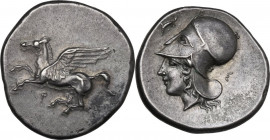 Continental Greece. Corinthia, Corinth. AR Stater, c. 345-307 BC. Obv. Pegasos flying left, koppa below. Rev. Head of Athena left, wearing Corinthian ...